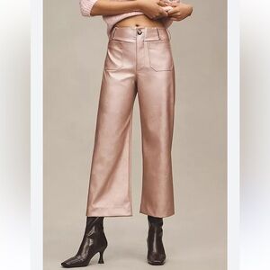 NWT Colette Cropped Wide-Leg Pants by Maeve: Metallic Faux-Leather Rose Gold 28